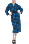 Vintage Buffalo Plaid Blue and Black 1940s Bombshell Style Woven Dress