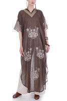 70s Vintage Embroidered Brown Cotton Caftan Maxi Dress