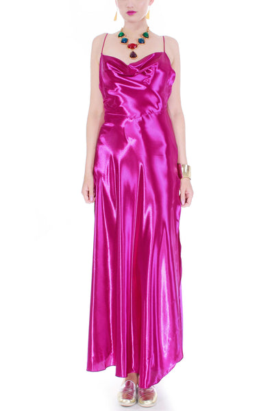 Vintage Liquid Glossy Satin Fuchsia Pink Bias Cut Night Gown Maxi Dress