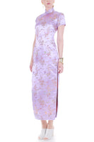 Vintage Lavender Dragon Embroidered Shiny Satin Cheongsam Maxi Dress Women's Size Small