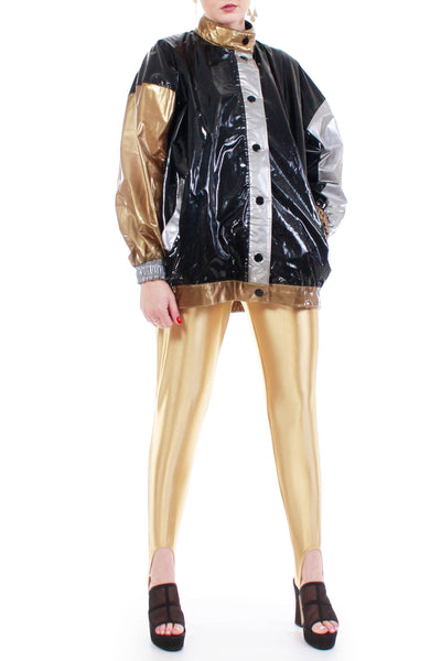 Shiny Metallic Raincoat Silver Gold Black Color Block Vinyl Jacket Unisex Size Large