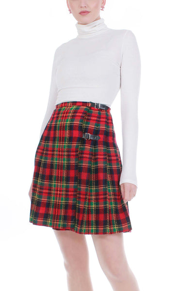 Vintage Nordstrom Tartan Plaid Pleated Skirt with Side Buckles Red Gre ...