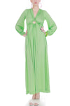 70s Slinky Lime Green Keyhole Plunging Bishop Sleeve Maxi Dress Women's Size Small