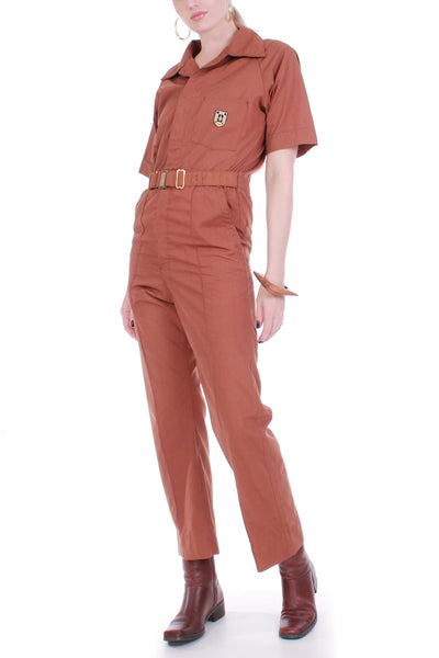 Vintage 70s Work Coveralls Sienna Brown Cotton Blend Jumpsuit Size Small