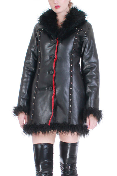 90s Black Vinyl and Red Faux Fur Corset Jacket Rave Goth Women's Size XS