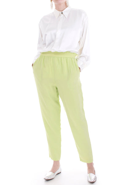 Vintage Lime Green Silk High Waist Pants Women's Size Small 24-29" Waist