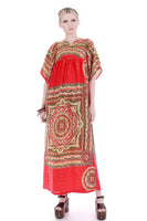 VTG Red Gold Mandala Indian Ethnic Lightweight Silky Shiny Caftan Lounge MuuMuu Maxi Dress Women