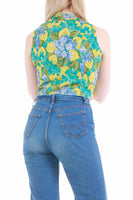 Vintage Floral Crop Top Green Blue Tie Front Blouse Women&#39;s Size Small