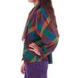 Vintage Plaid Blouse with Pussy Bow Tie Purple Green Abstract Boxy Top Women's Size Medium 42" Bust