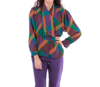 Vintage Plaid Blouse with Pussy Bow Tie Purple Green Abstract Boxy Top Women's Size Medium 42" Bust