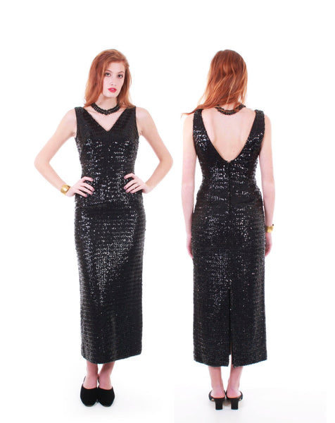Black Sequin Dress 60s Dress Black Maxi Dress Sequin Maxi Dress Hollywood Glamour Gown Wiggle Dress Vintage Clothing Women Size XS 33" Bust