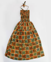 Vintage Cotton Batik Smocked Halter Maxi Boho Block Print Dress Size S-M