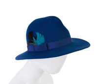Blue Wool Hat Feather Hat Wide Brim Fedora Panama Hat Felted Wool 80s Vintage Hat Lancaster Hat Women&#39;s Size SMALL / MEDIUM - 21.75&quot; Around