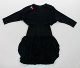 80s Ruffled Batwing Silky Black Rayon Drop Waist Dress with Embroidered Rose Made in the USA Women's Size Small