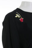 80s Ruffled Batwing Silky Black Rayon Drop Waist Dress with Embroidered Rose Made in the USA Women's Size Small