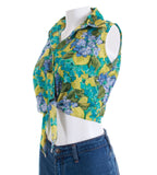 Vintage Green LILAC FLORAL Print Lightweight Summer Tie Front Crop Top Women's Size Small - Medium - 37" bust - 31" waist