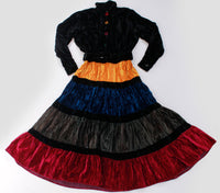 80s Vintage D.Frank Crushed Velvet Long Sleeve Tiered Multi Colored Dress Size M 30" waist