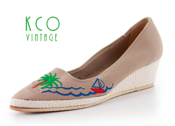 Wedge Platform Shoes 80's Vintage Embroidered Novelty Palm and Sailboat Women's Size 8 