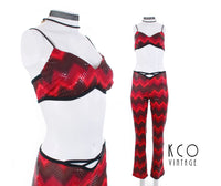 2 Piece Outfit 90's Vintage Red Black Sequin Rave Festival Bra and Pants Outfit 