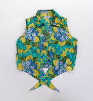 Vintage Floral Crop Top Green Blue Tie Front Blouse Women&#39;s Size Small 