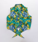Vintage Floral Crop Top Green Blue Tie Front Blouse Women&#39;s Size Small 