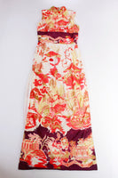 60s Vintage Chinese City Print Orange High Slit Maxi Dress