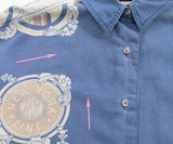 90s Denim NYC Twin Tower Brooklyn Bridge Print Novelty Button Down Shirt Size M