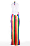 90s Rainbow Striped Dress Maxi Halter Bodycon Rave Pride Festival Vintage Clothing Women's Size Large-XL 34-44" Bust