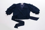 70s Navy Ruffled Sleeve Plunging Chiffon Wrap Blouse Made in the USA size XL+ 46&quot; waist