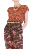 Vintage 70s CROCHET SUEDE Caramel Tan Open Knit Cap Sleeve Top Women's Size Small - Medium - 36" bust - 34" waist - 25" long