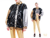 Shiny Metallic Raincoat Silver Gold Black Color Block Vinyl Jacket Unisex Size Large
