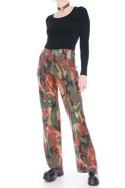 90's Vtg Shiny Camo Pants Women's Size Medium 23-30" Waist