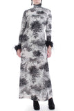 70's Vintage Marabou Feather Scenery Print Long Sleeve Maxi Dress with Matching Scarf Women's Size Small
