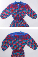 Vintage Diane Freis Geo Patterned Pleated Georgette Blue Pink Abstract Blouson Dress Size M