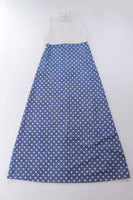 70s 2pc Polka Dot Poly Knit Maxi Dress and Crop Top Dusky Denim Blue and White