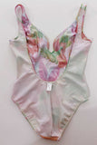 Vintage Pastel HOLOGRAPHIC Shiny Metallic Floral Plunge One Piece Swimsuit Women's Size XS Small