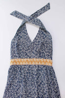 Vintage 70s HearSay Cotton Halter Neck Maxi Prairie Dress Navy Yellow White Size 8-10 / Medium