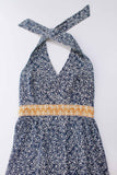 Vintage 70s HearSay Cotton Halter Neck Maxi Prairie Dress Navy Yellow White Size 8-10 / Medium