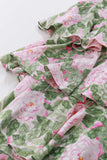 80s Pastel Silk Ruffle Dress Pink and Green Floral Print