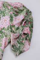 80s Pastel Silk Ruffle Dress Pink and Green Floral Print