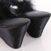 Marabou Feather Black Satin Bedroom Slippers Wedge Heel Size 7 7.5 USA