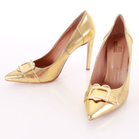 Gold Metallic Moschino High Heel Pumps with Metal Heart Buckle Made in Italy Size 10