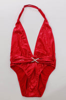 90s Red Metallic High Cut 2pc Swimsuit and Wrap Skirt