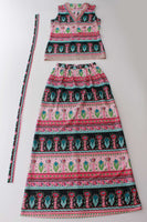 1970s Vintage Two Piece Pink Pennsylvania Dutch Folk Art Maxi Skirt and Belted Top