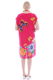 80s Fuchsia Rayon Butterfly and Floral Print Short Caftan Dress Women's Size M