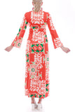 Vintage 1970s Orange Mod Hippie Asian Print Maxi Dress
