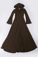 70s Vintage Georges Factory Slinky Hooded Brown Bell Sleeve Maxi Dress