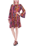 Vintage Batik Barkcloth Bell Sleeve Mini Caftan Dress Size Large