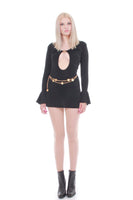 90s Slinky Black Bell Sleeve Mini Dress with Gold Metal Dollar Sign Clasp