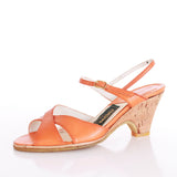 Deadstock 70s Vintage Orange Leather Wedge Cork Sandals Made in Spain Size 6